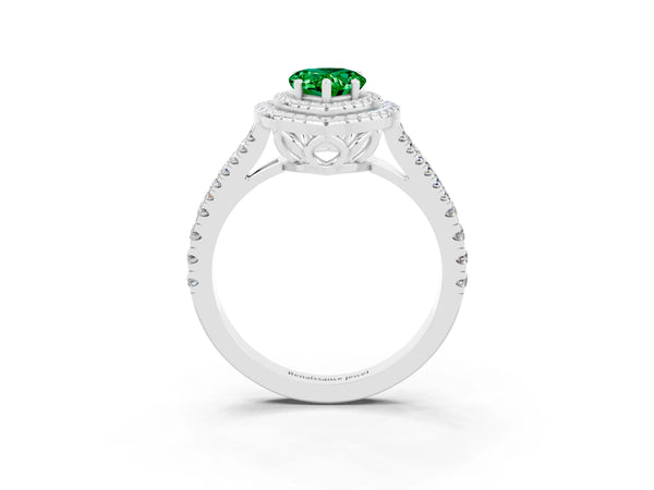 Platinum Pear Cut Emerald Double Halo Ring with Pavé Band and Prong Setting