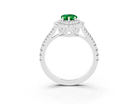 White gold Pear Cut Emerald Double Halo Ring with Pavé Band and Prong Setting_15