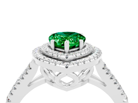 White gold Pear Cut Emerald Double Halo Ring with Pavé Band and Prong Setting_16