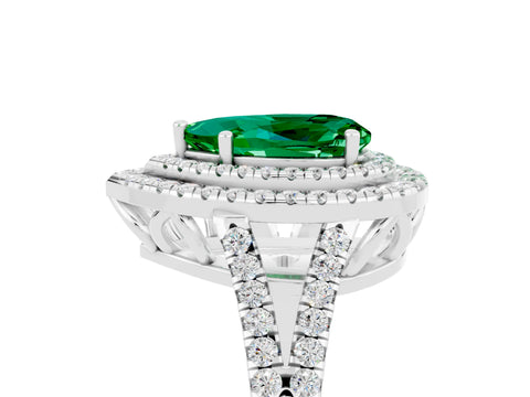 White gold Pear Cut Emerald Double Halo Ring with Pavé Band and Prong Setting_17