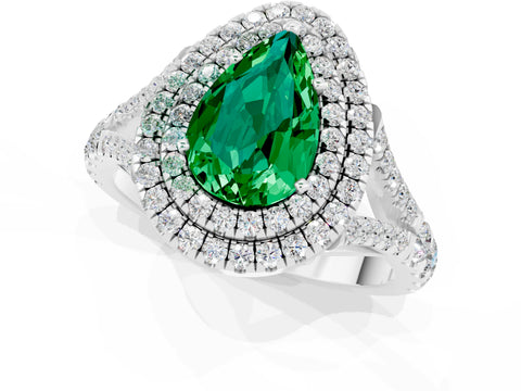 White gold Pear Cut Emerald Double Halo Ring with Split Shank and Prong Setting_13