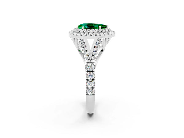 Platinum Pear Cut Emerald Double Halo Ring with Split Shank and Prong Setting