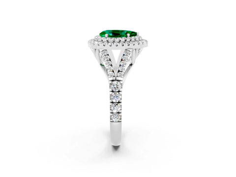 White gold Pear Cut Emerald Double Halo Ring with Split Shank and Prong Setting_14