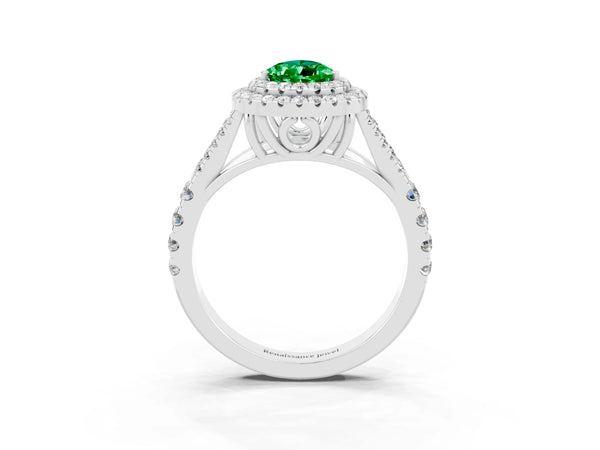 Platinum Pear Cut Emerald Double Halo Ring with Split Shank and Prong Setting