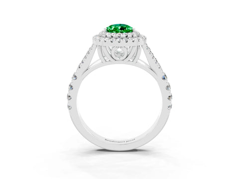White gold Pear Cut Emerald Double Halo Ring with Split Shank and Prong Setting_15