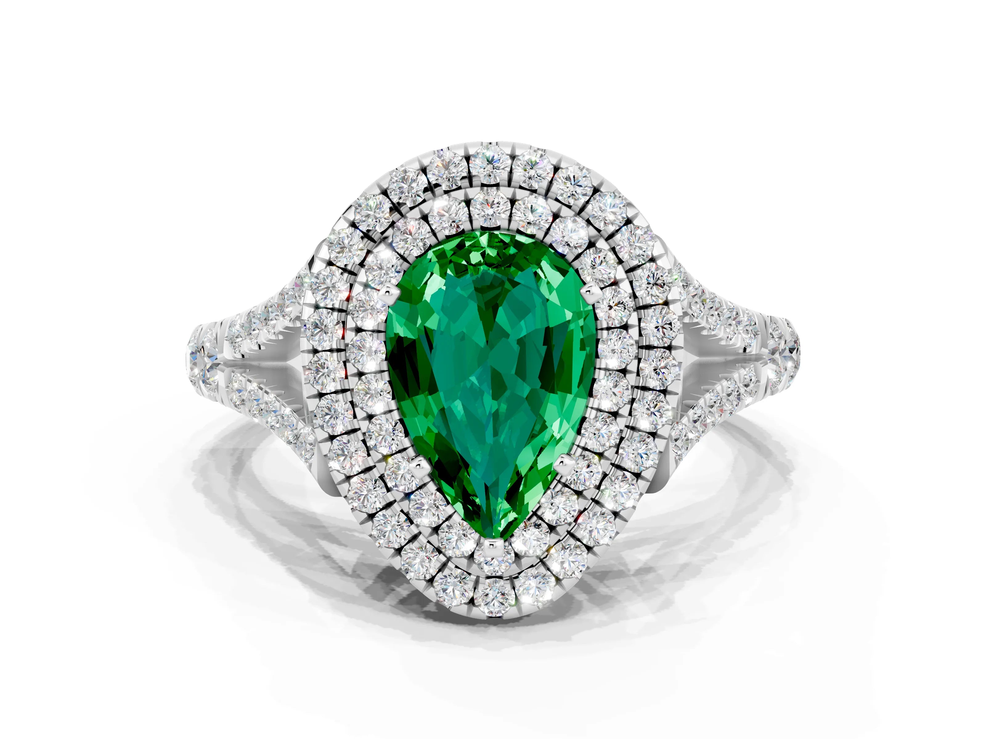 White gold Pear Cut Emerald Double Halo Ring with Split Shank and Prong Setting_24