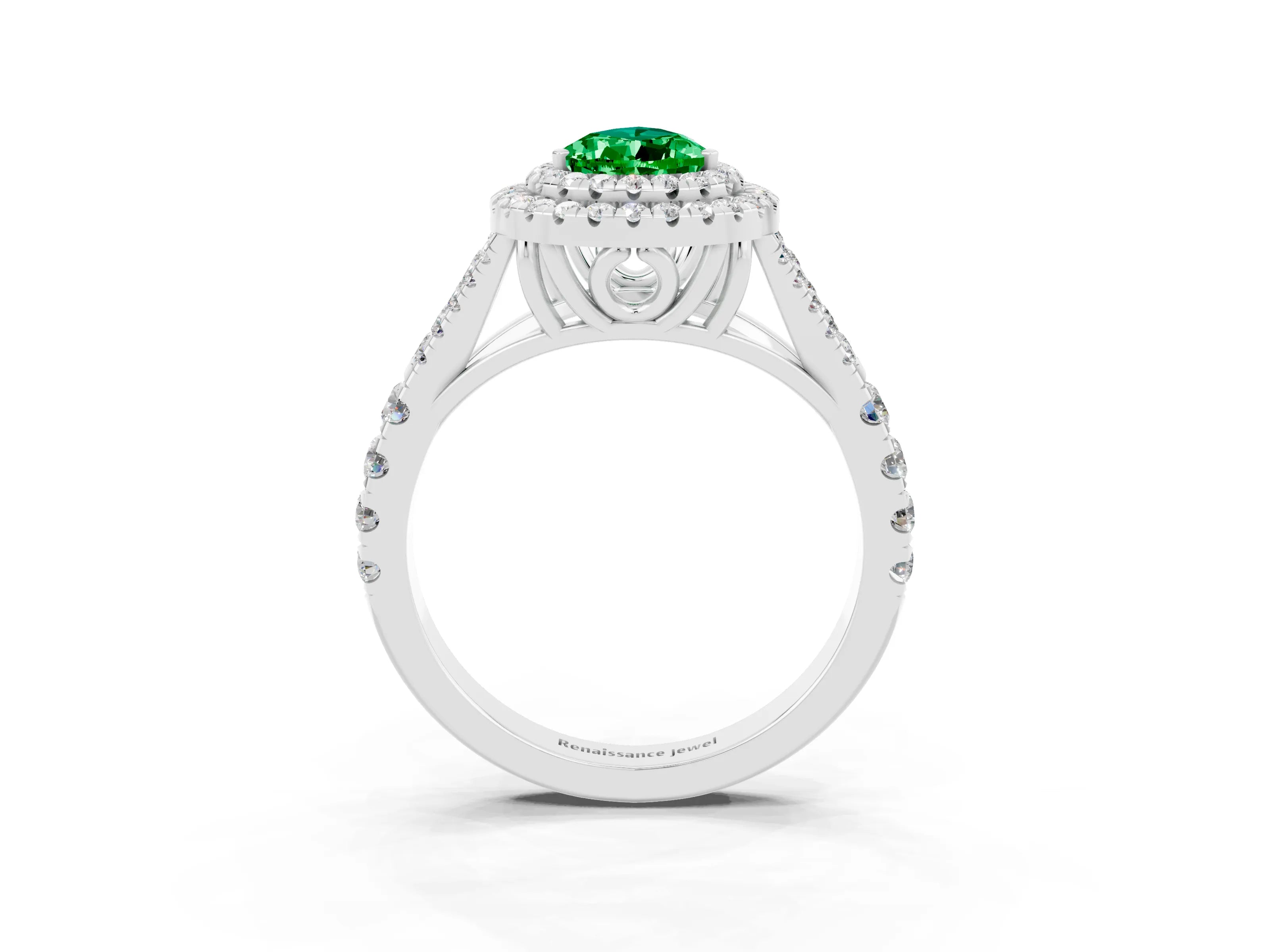 White gold Pear Cut Emerald Double Halo Ring with Split Shank and Prong Setting_27