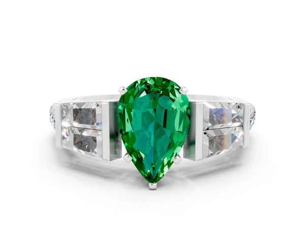 Platinum Pear Cut Emerald Engagement Ring with Baguette Side Stones and Channel Set Band