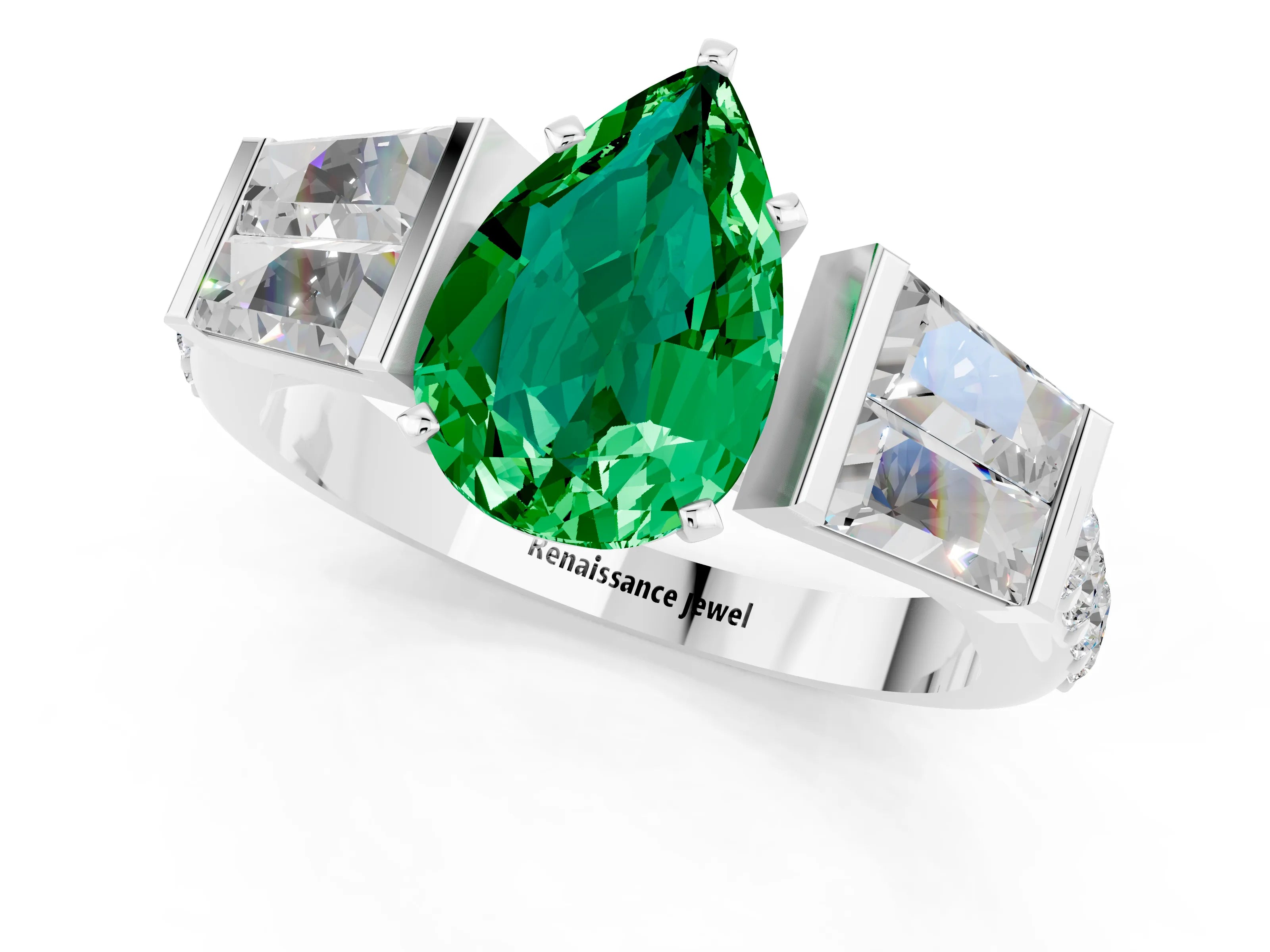 White gold Pear Cut Emerald Engagement Ring with Baguette Side Stones and Channel Set Band_1
