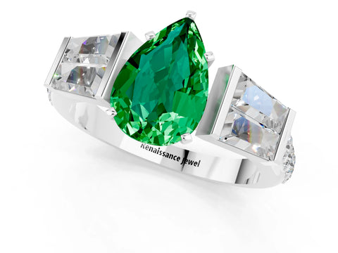 White gold Pear Cut Emerald Engagement Ring with Baguette Side Stones and Channel Set Band_1