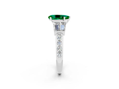 White gold Pear Cut Emerald Engagement Ring with Baguette Side Stones and Channel Set Band_2