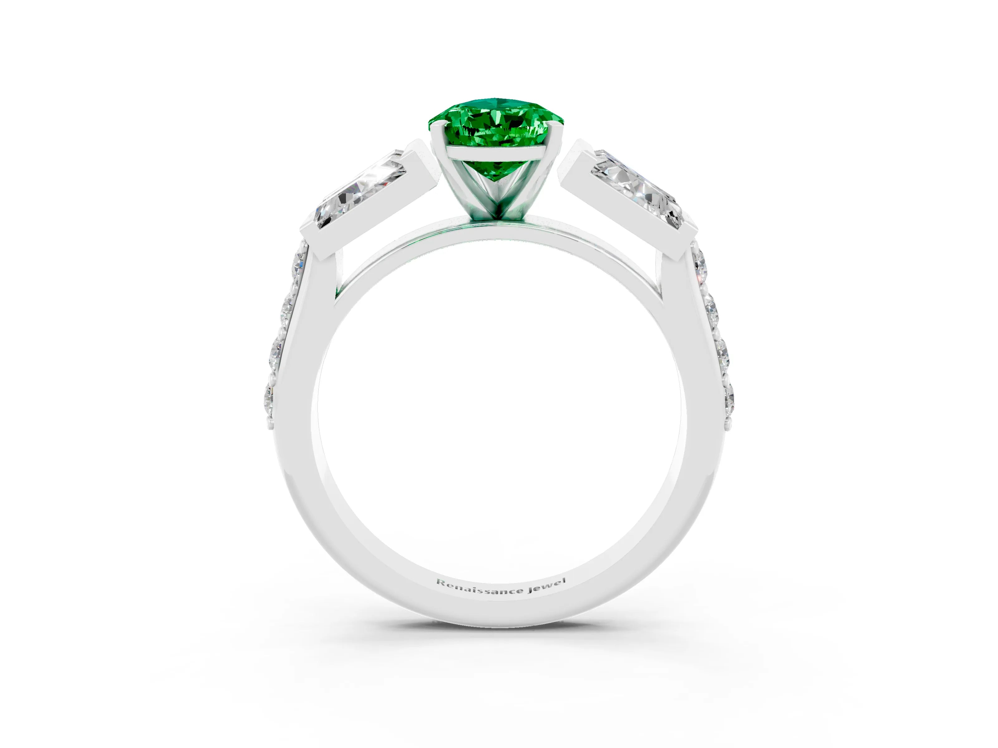 White gold Pear Cut Emerald Engagement Ring with Baguette Side Stones and Channel Set Band_3