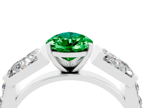 White gold Pear Cut Emerald Engagement Ring with Baguette Side Stones and Channel Set Band_4