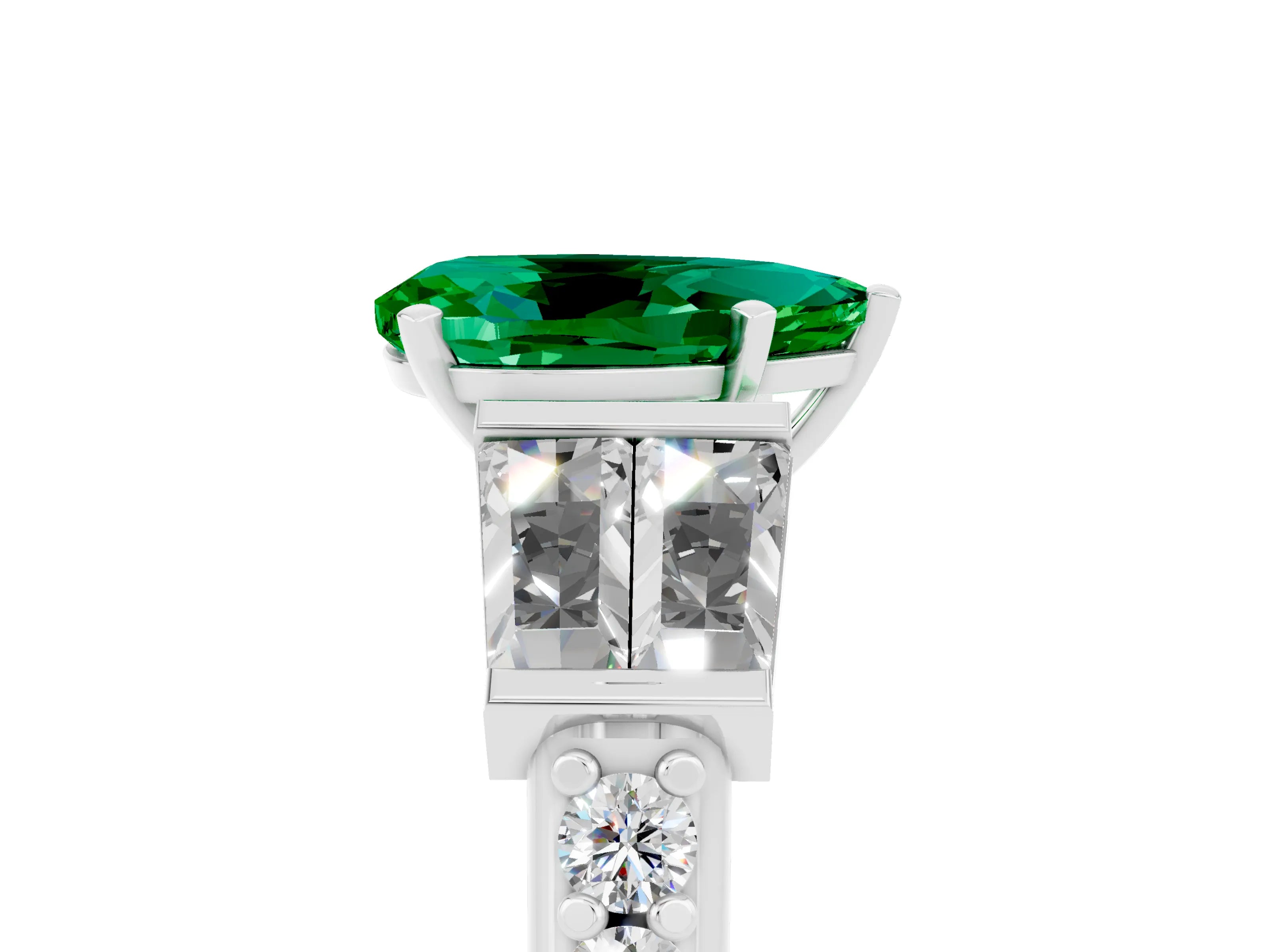 White gold Pear Cut Emerald Engagement Ring with Baguette Side Stones and Channel Set Band_5