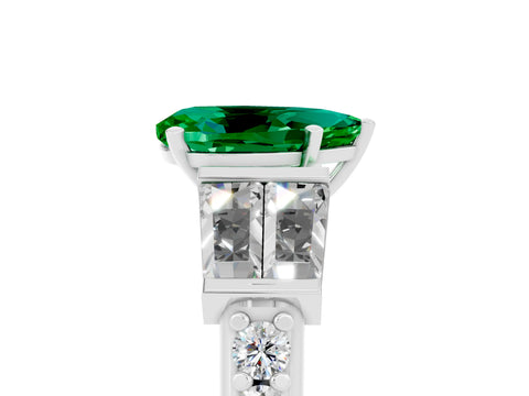 White gold Pear Cut Emerald Engagement Ring with Baguette Side Stones and Channel Set Band_5