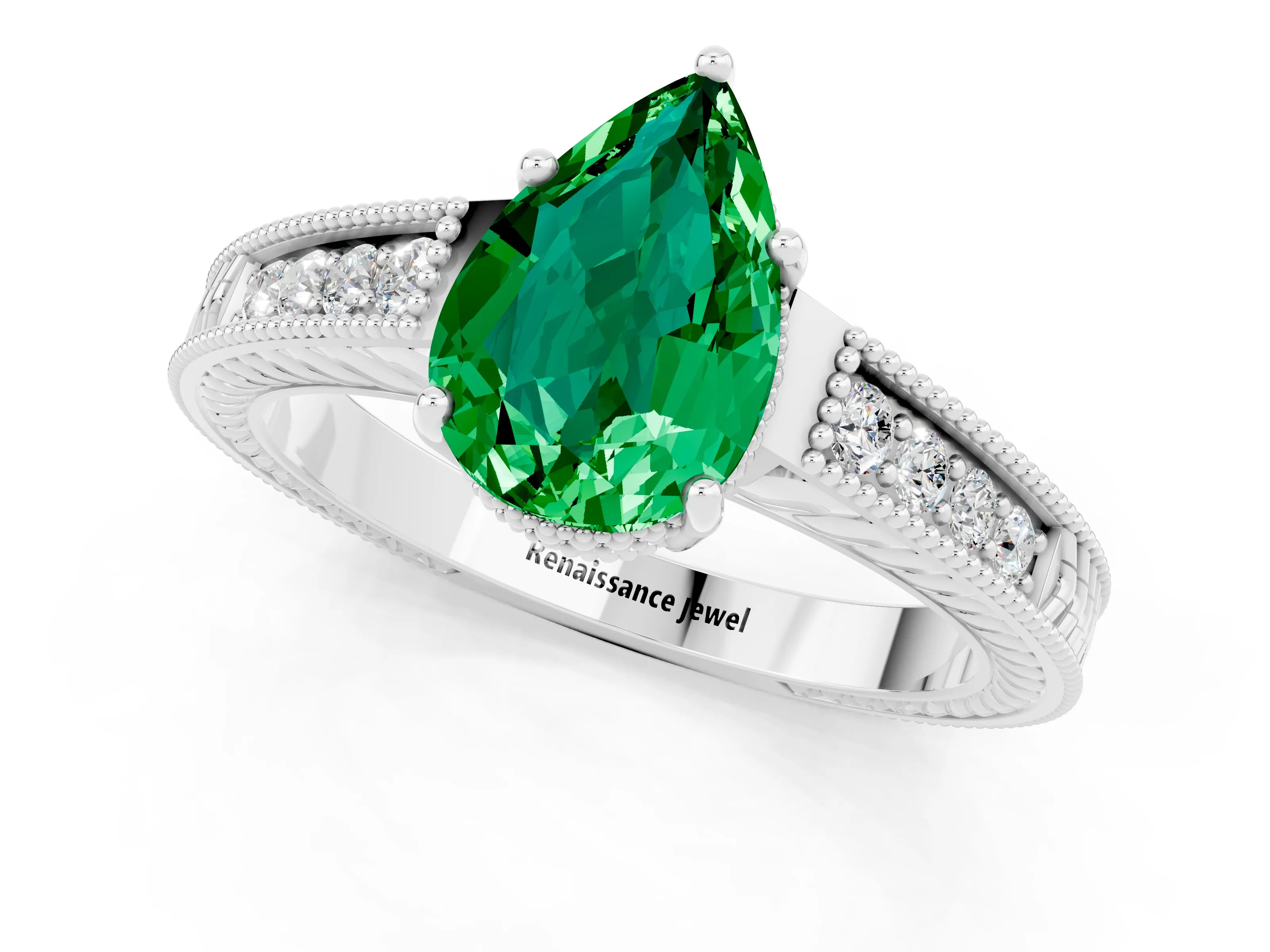 White gold Pear Cut Emerald Engagement Ring with Milgrain Channel Set Band and Prong Setting_1