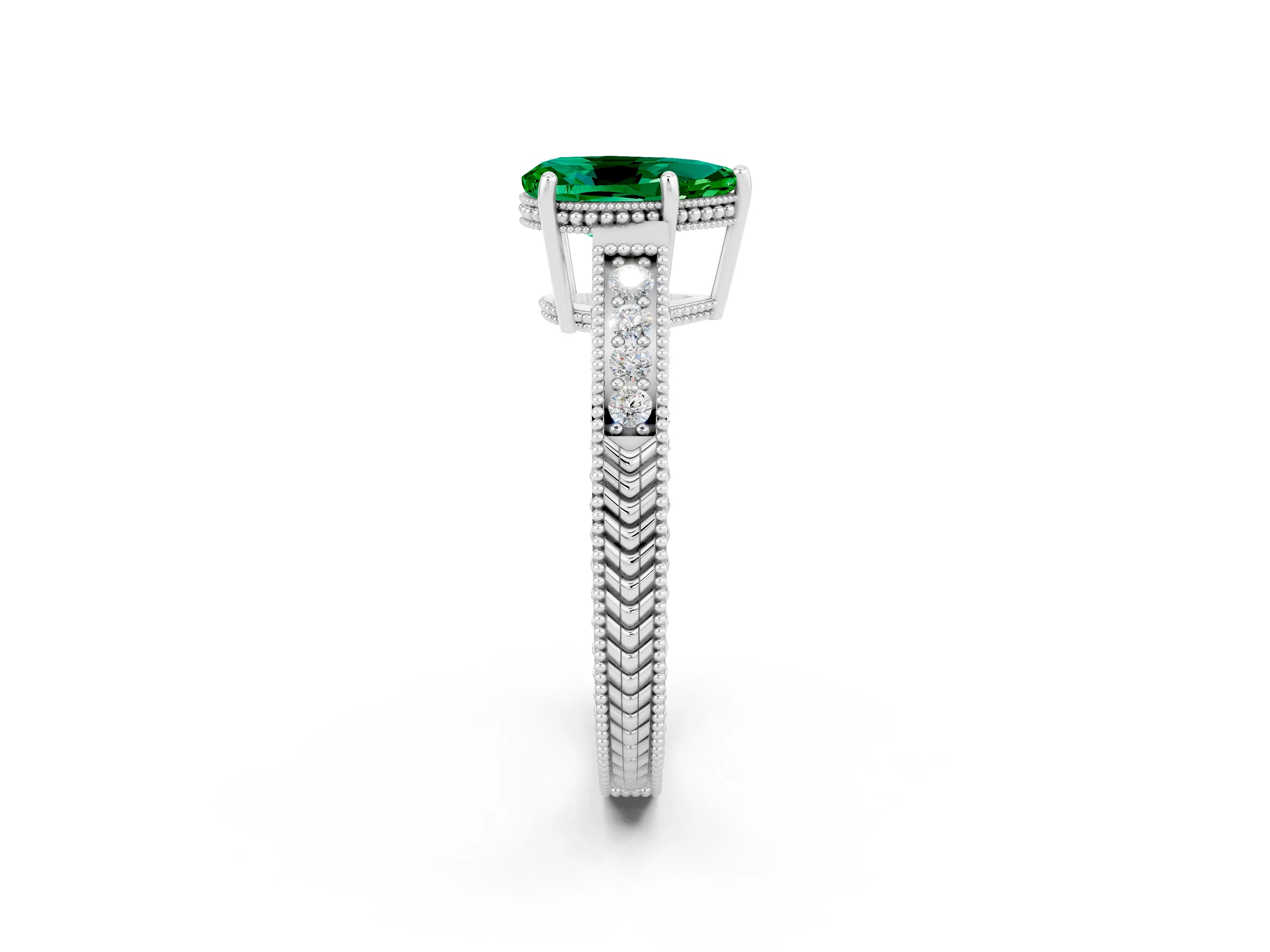 White gold Pear Cut Emerald Engagement Ring with Milgrain Channel Set Band and Prong Setting_2