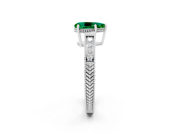 Silver Pear Cut Emerald Engagement Ring with Milgrain Channel Set Band and Prong Setting