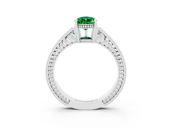 Platinum Pear Cut Emerald Engagement Ring with Milgrain Channel Set Band and Prong Setting