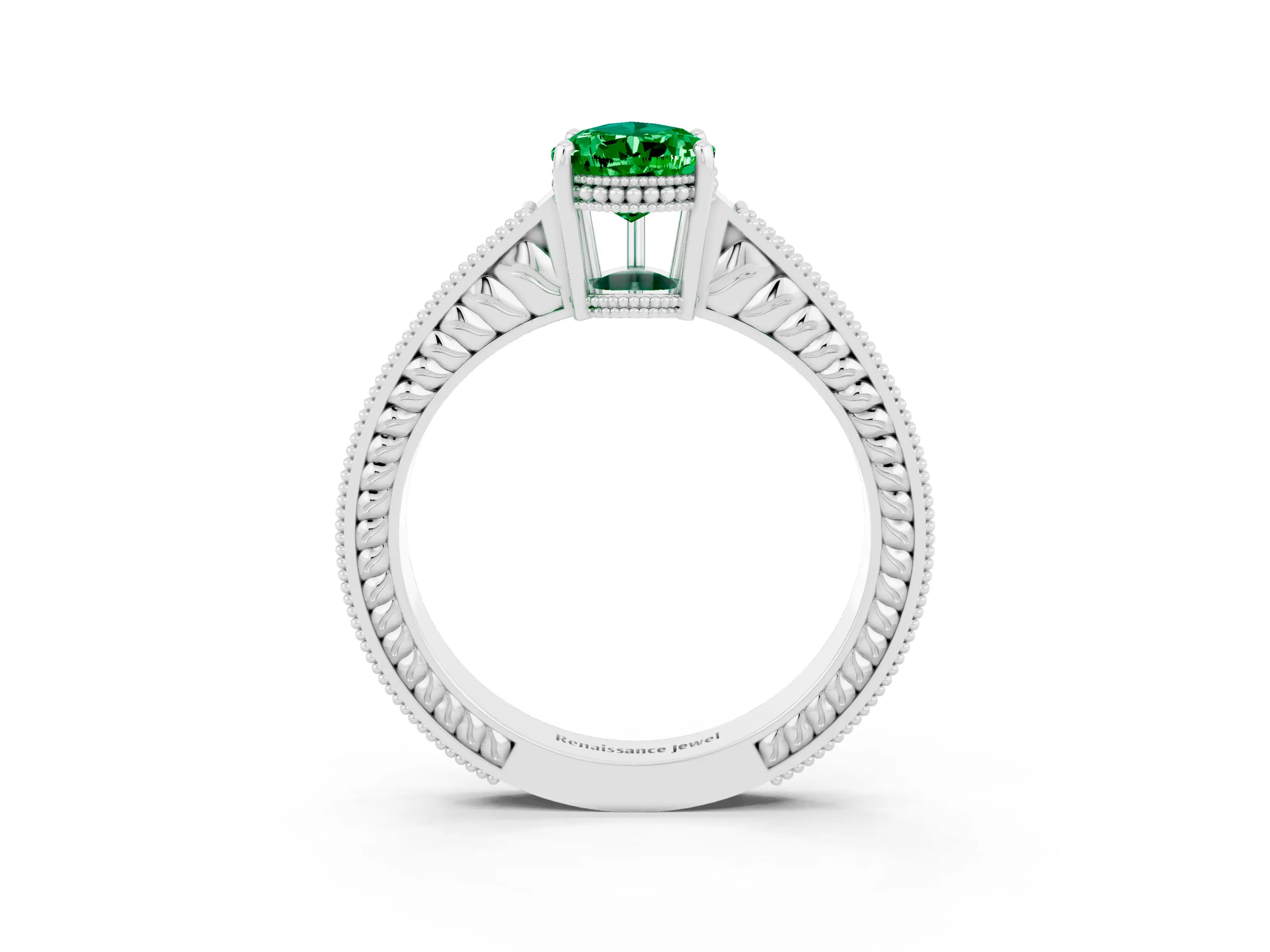 White gold Pear Cut Emerald Engagement Ring with Milgrain Channel Set Band and Prong Setting_3