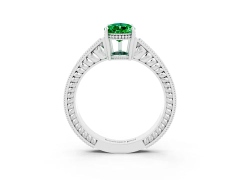 White gold Pear Cut Emerald Engagement Ring with Milgrain Channel Set Band and Prong Setting_3