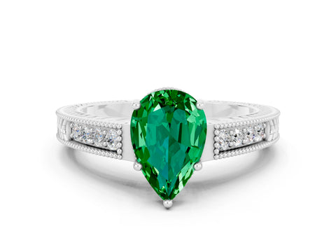 White gold Pear Cut Emerald Engagement Ring with Milgrain Channel Set Band and Prong Setting
