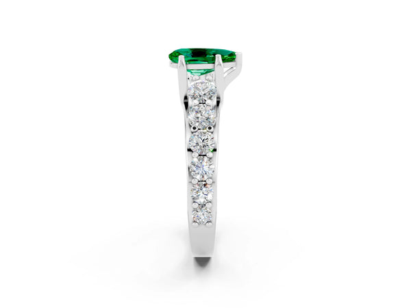 White gold Pear Cut Emerald Engagement Ring with Pavé Band and Four-Prong Setting