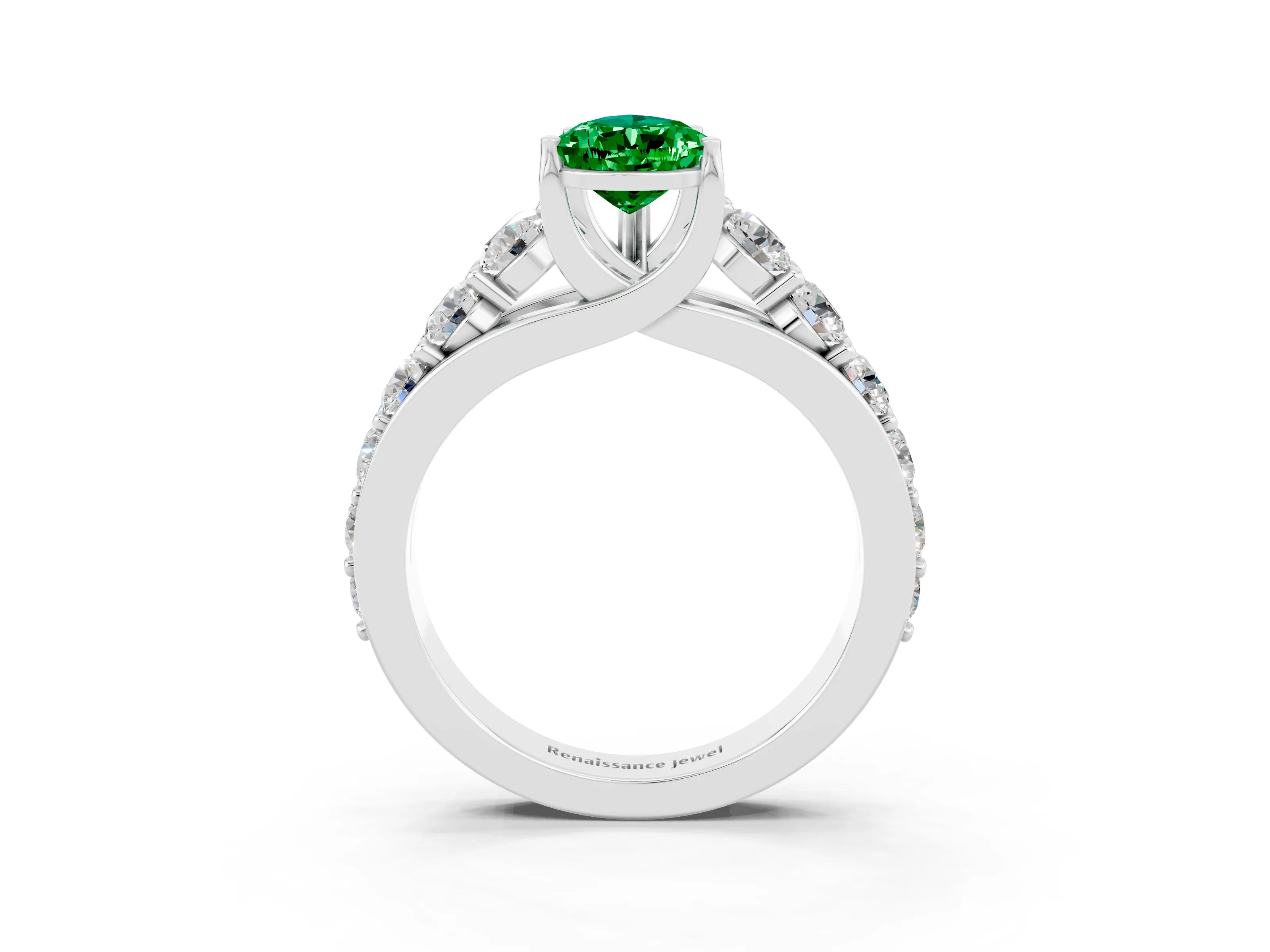 White gold Pear Cut Emerald Engagement Ring with Pavé Band and Four-Prong Setting_3