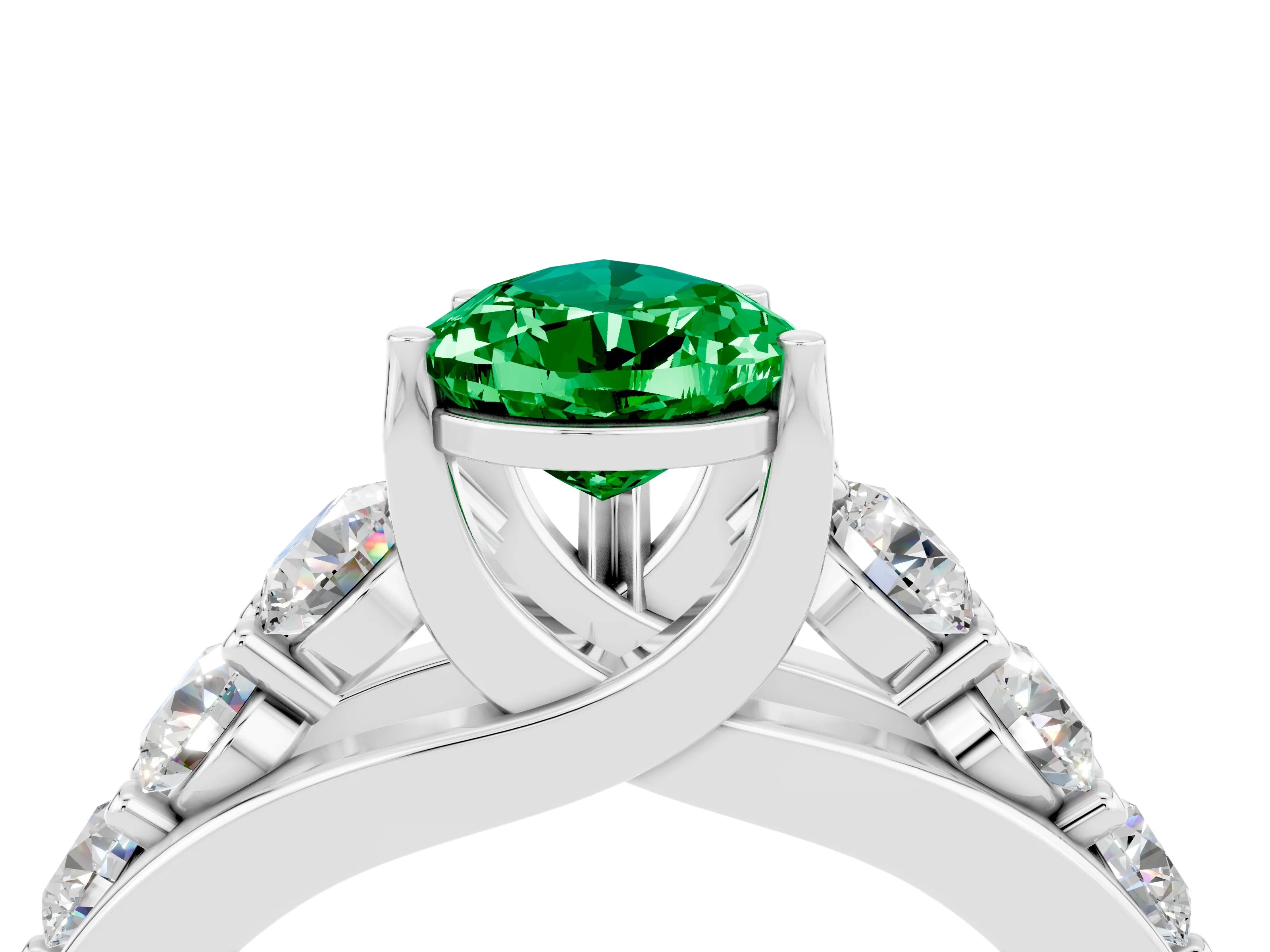 White gold Pear Cut Emerald Engagement Ring with Pavé Band and Four-Prong Setting_4