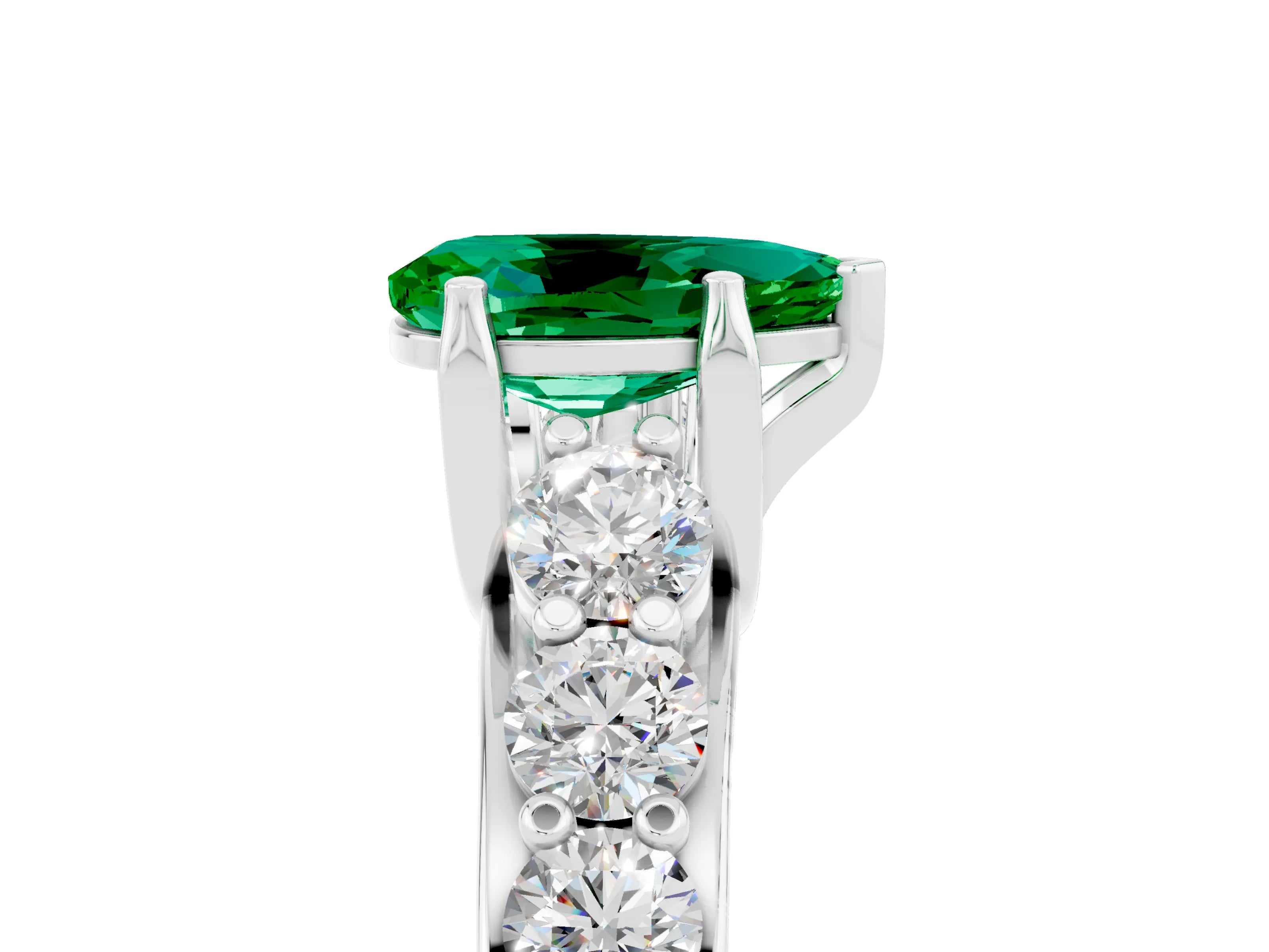 White gold Pear Cut Emerald Engagement Ring with Pavé Band and Four-Prong Setting_5