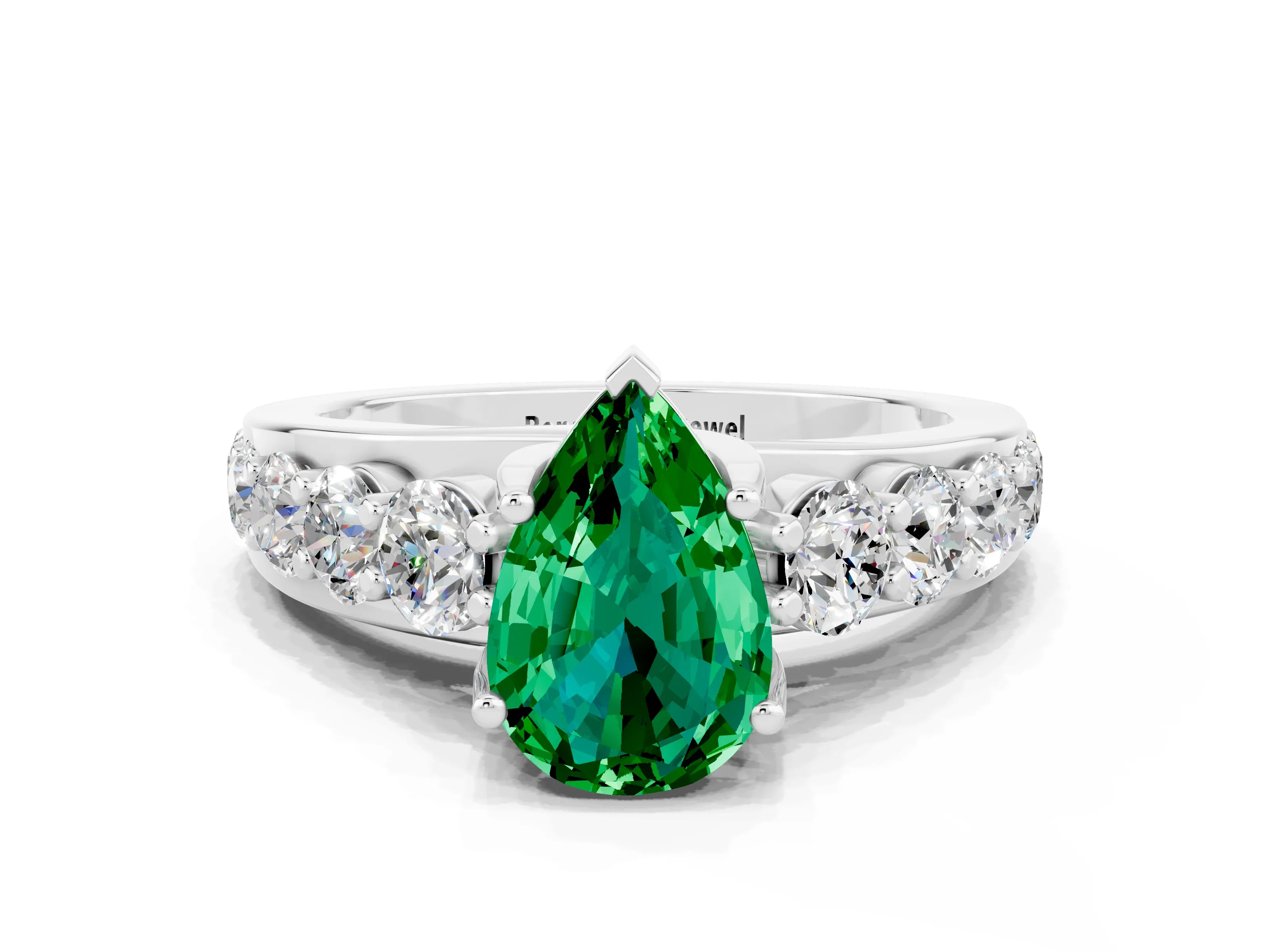 White gold Pear Cut Emerald Engagement Ring with Pavé Band and Four-Prong Setting