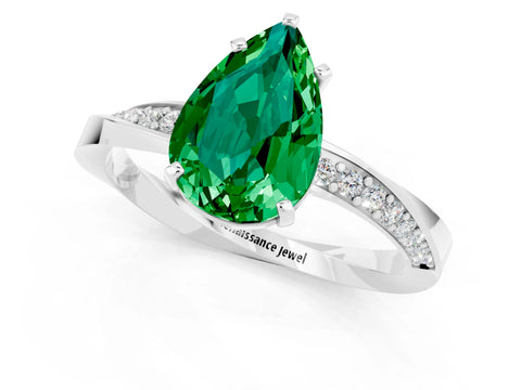 White gold Pear Cut Emerald Engagement Ring with Side Stone Accents and Four-Prong Setting_28