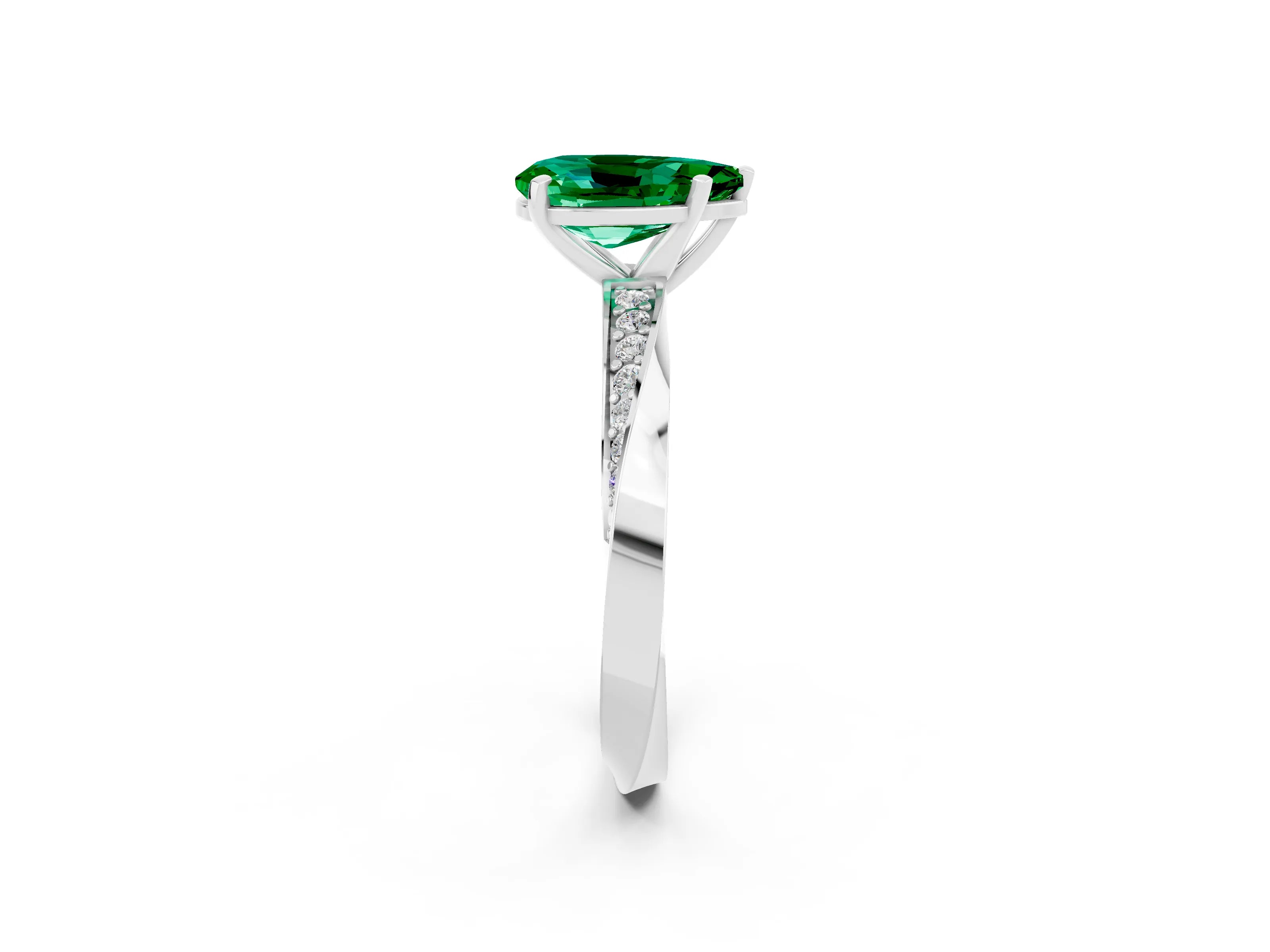 White gold Pear Cut Emerald Engagement Ring with Side Stone Accents and Four-Prong Setting_29