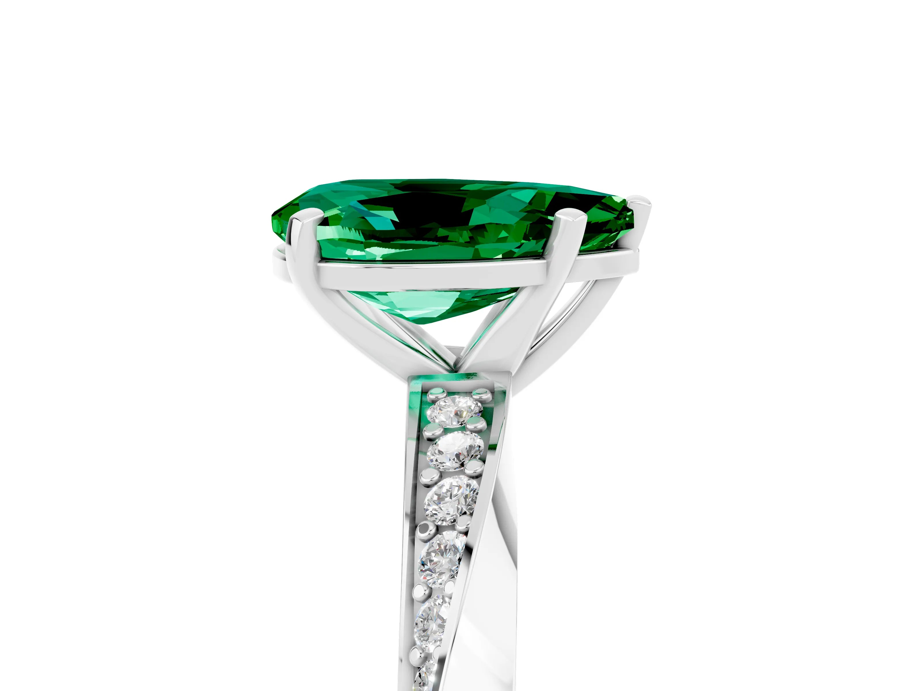 White gold Pear Cut Emerald Engagement Ring with Side Stone Accents and Four-Prong Setting_32