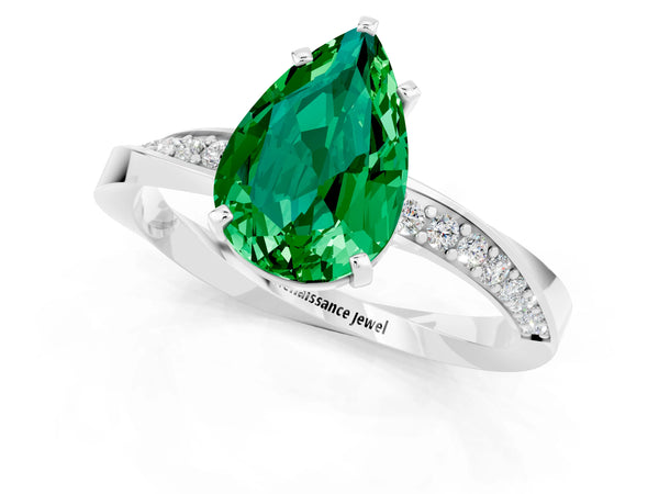 White gold Pear Cut Emerald Engagement Ring with Side Stone Accents and Four-Prong Setting