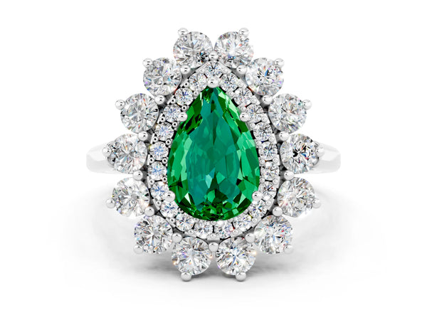 Silver Pear Cut Emerald Floral Double Halo Engagement Ring with Prong Setting