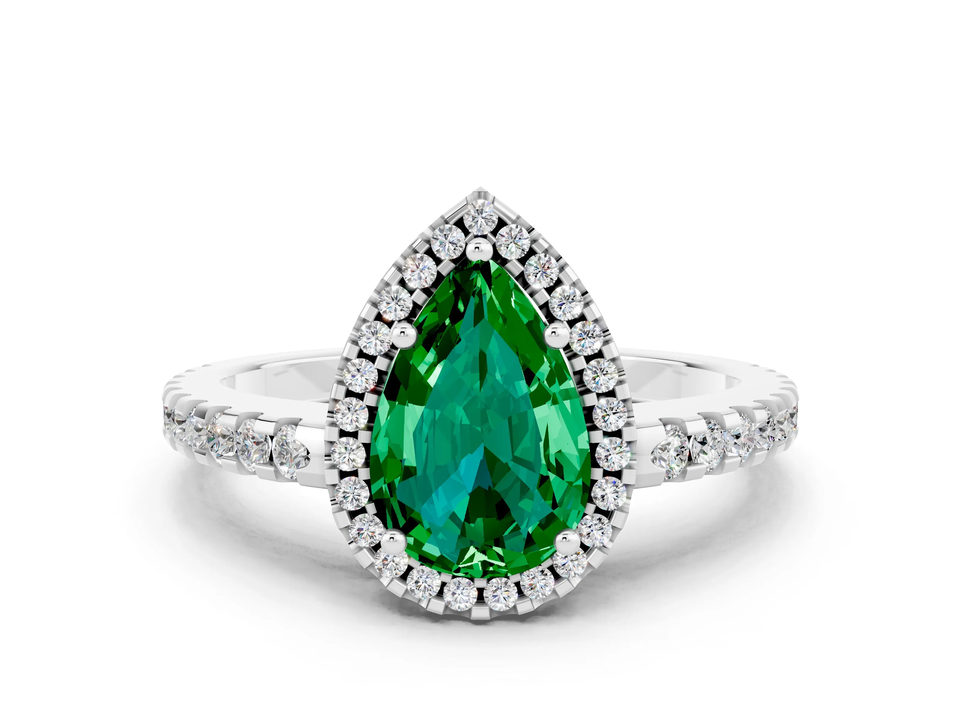 White gold Pear Cut Emerald Halo Engagement Ring with Pavé Band and Prong Setting_12