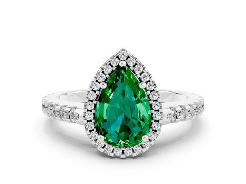 White gold Pear Cut Emerald Halo Engagement Ring with Pavé Band and Prong Setting_12