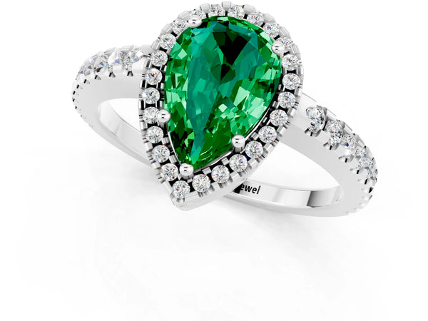 Platinum Pear Cut Emerald Halo Engagement Ring with Pavé Band and Prong Setting