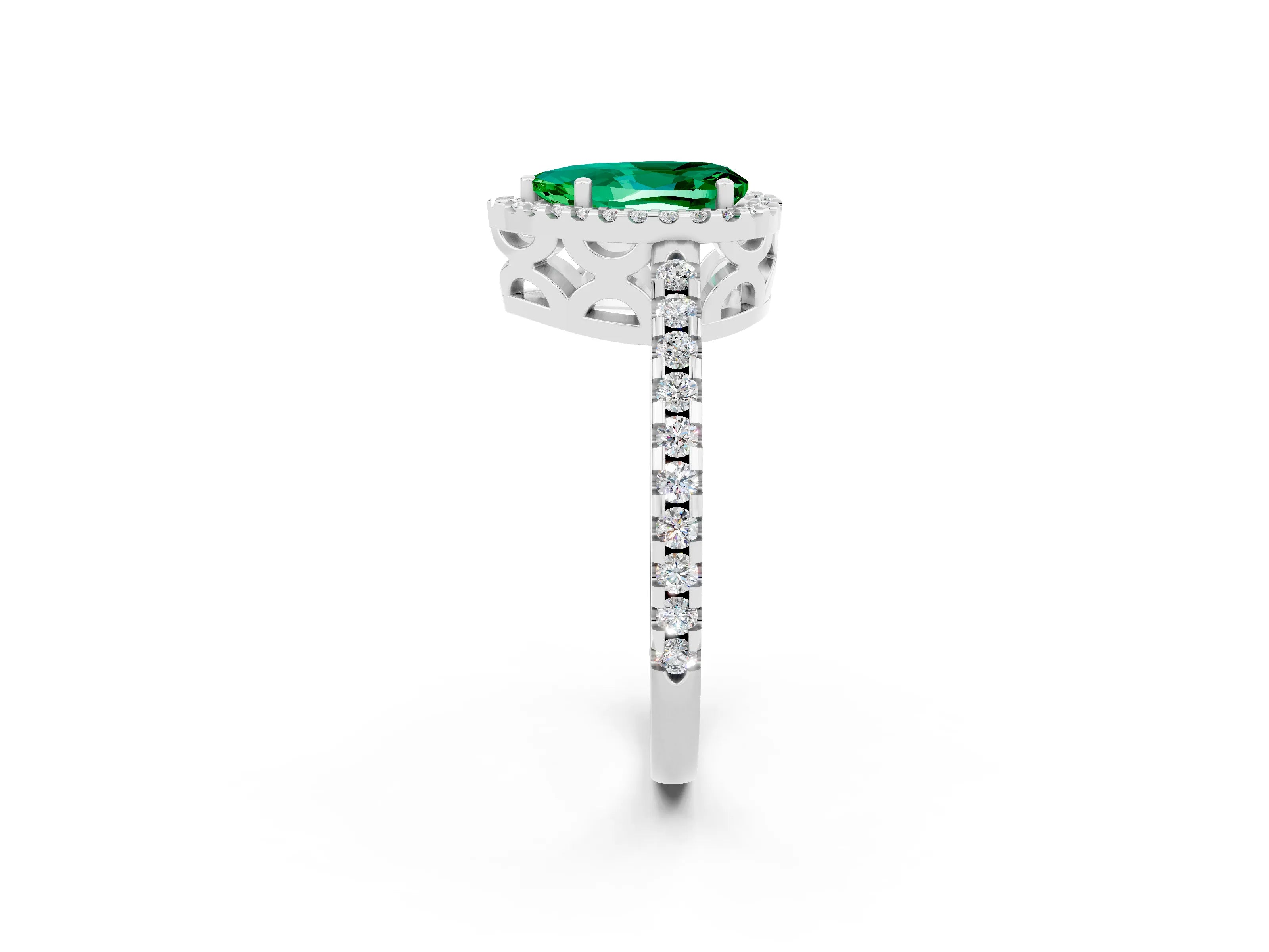 White gold Pear Cut Emerald Halo Engagement Ring with Pavé Band and Prong Setting_14