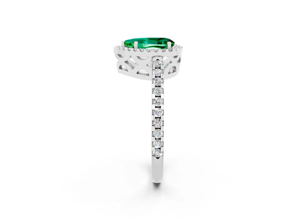 White gold Pear Cut Emerald Halo Engagement Ring with Pavé Band and Prong Setting