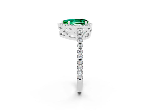 White gold Pear Cut Emerald Halo Engagement Ring with Pavé Band and Prong Setting_14