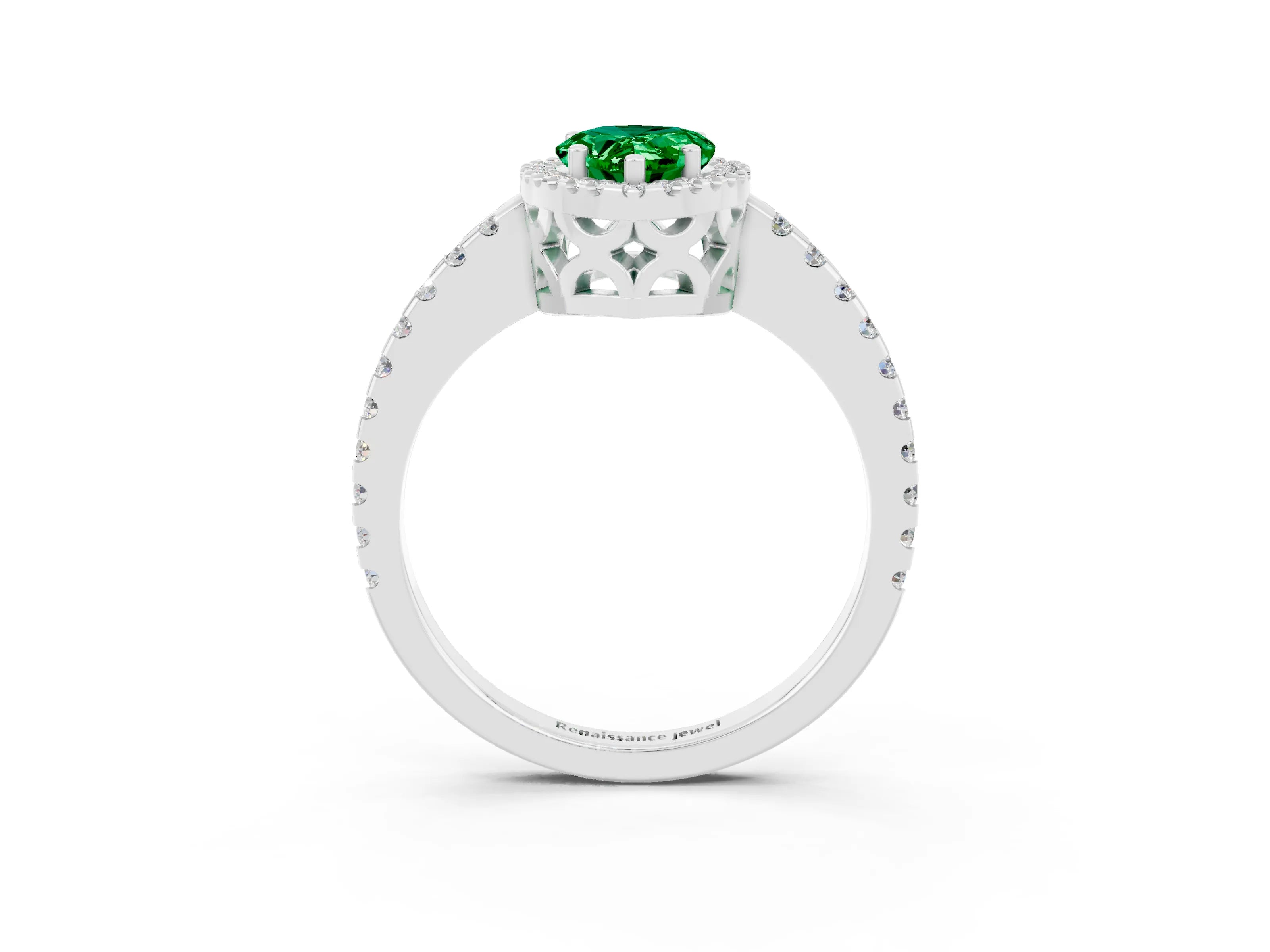 White gold Pear Cut Emerald Halo Engagement Ring with Pavé Band and Prong Setting_15