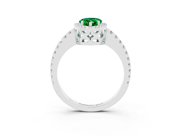 Platinum Pear Cut Emerald Halo Engagement Ring with Pavé Band and Prong Setting