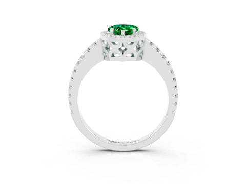 White gold Pear Cut Emerald Halo Engagement Ring with Pavé Band and Prong Setting_15