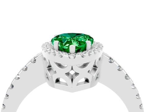 White gold Pear Cut Emerald Halo Engagement Ring with Pavé Band and Prong Setting_16