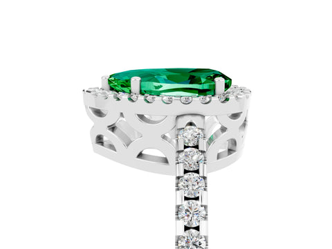 White gold Pear Cut Emerald Halo Engagement Ring with Pavé Band and Prong Setting_17