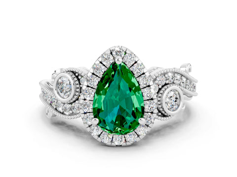 White gold Pear Cut Emerald Halo Ring with Milgrain Pavé Band and Four-Prong Setting_12