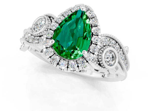 Platinum Pear Cut Emerald Halo Ring with Milgrain Pavé Band and Four-Prong Setting