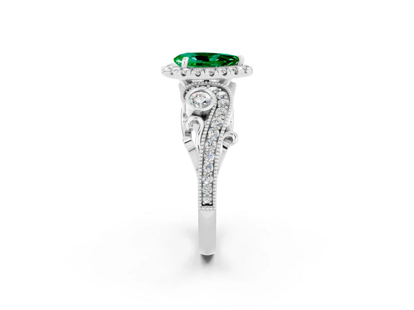 Silver Pear Cut Emerald Halo Ring with Milgrain Pavé Band and Four-Prong Setting